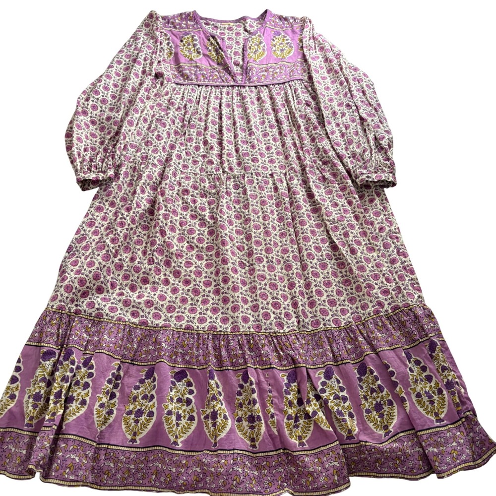 Matta Purple Floral Block Print Tiered Maxi Dress Long Sleeve V-Neck XS cottage